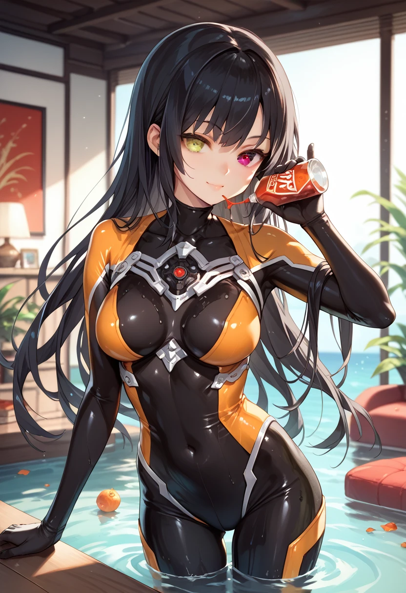 Tokisaki_walnut, One girl, Alone, woman,living room,original,Black Hair ,Heterochromia,Red Eye,Yellow Eyes(((Black bodysuit))),Orange Bodysuit,Ultra Girl,In the water,deep sea,Very detailed,Sharp focus,beautiful, Score_9, Score_8_Excellent, Score_7_Excellent,sauce_anime,