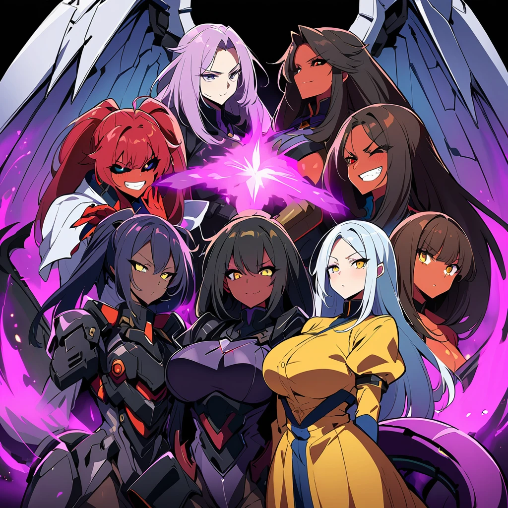 Anime, high detailed, multiple womans, mature womans, dark Ebony mecha armor, large mechanical wings, evil grin, large clawed Gauntlet, red skin, curvy body, long mechanical tail,black sclera、Colored sclera、crimson Colored skin、Yellow Eyes, elongated pupils,  Mature Woman、Black-purple aura、womans surrounding, background a glacier region