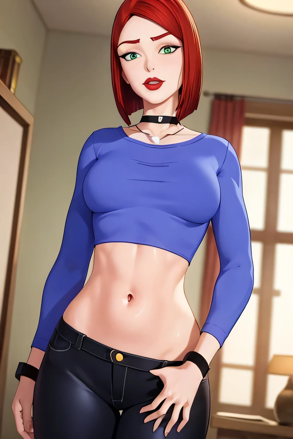 super fine illustration, vibrant colors, masterpiece, sharp focus, best quality, depth of field, looking down, cinematic lighting, ultra detailed, solo, 1girl, bellybutton, navel, tummy, choker, jewelry, necklace, black choker, blue shirt, crop top, long sleeves, black_pants, jeans, denim, wristband, red hair, short hair, green eyes, makeup, lipstick, red lips, bob cut, lips, mature woman, indoors, small breasts, CARTOON_merry_jane_watson_SMTAS_ownwaifu, www.ownwaifu.com, hips, slim, slender, embarrassed, open mouth, hand on own stomach, blush, teeth, belly, teeth