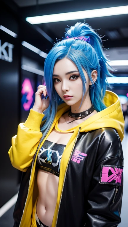 arafed woman with blue hair and a yellow hoodie sitting on a couch, ross tran 8 k, cyberpunk 2 0 y. o model girl, alena aenami and artgerm, cyberpunk art ultrarealistic 8k, cyberpunk beautiful girl, artgerm julie bell beeple, cyberpunk anime girl in hoodie, cyberpunk art style, in cyberpunk style