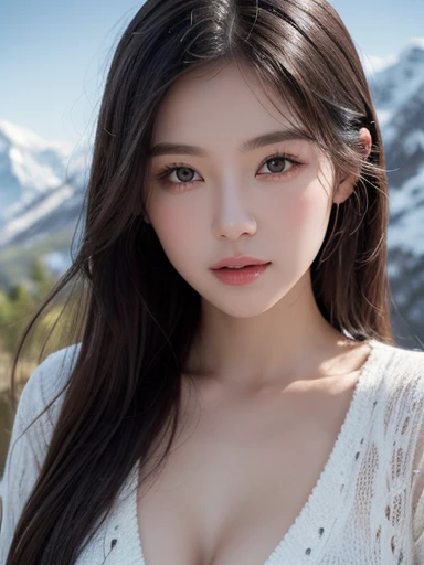 ((masterpiece)),Best Quality, figure, dark, One girl, In the wild,High Mountain,Snow-capped mountains in the distance々, city, Beautiful fine details,  Beautiful detailed hair,