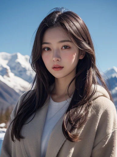 ((masterpiece)),Best Quality, figure, dark, One girl, In the wild,High Mountain,Snow-capped mountains in the distance々, city, Beautiful fine details,  Beautiful detailed hair,