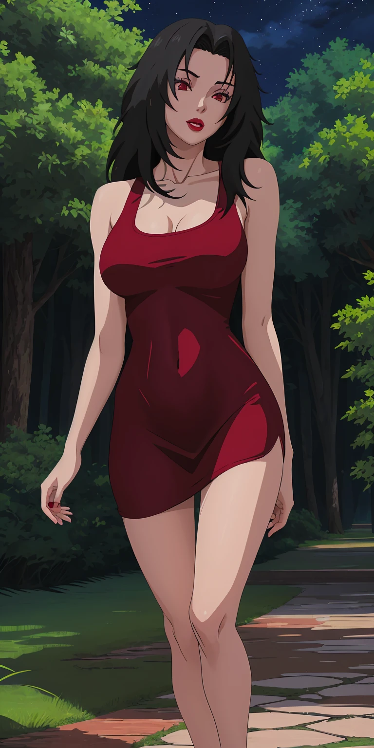 masterpiece, best quality, extremely detail 8k cg, high resolution, 1girl, mature female, RedTankTop_KurenaiYuhi_ownwaifu, 1girl, black hair, long hair, lipstick, makeup, red eyes, red lips, medium breasts, lips, cleavage, red dress, collarbone, tank top, bare shoulders, wedding ring, collarbone, titsonastick, beautiful face, night time, konohavillage, outdoors, forest