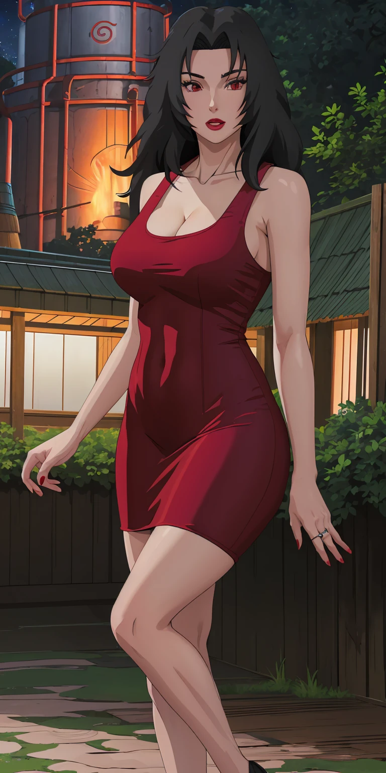 masterpiece, best quality, extremely detail 8k cg, high resolution, 1girl, mature female, RedTankTop_KurenaiYuhi_ownwaifu, 1girl, black hair, long hair, lipstick, makeup, red eyes, red lips, medium breasts, lips, cleavage, red dress, collarbone, tank top, bare shoulders, wedding ring, collarbone, titsonastick, beautiful face, night time, konohavillage, outdoors, forest