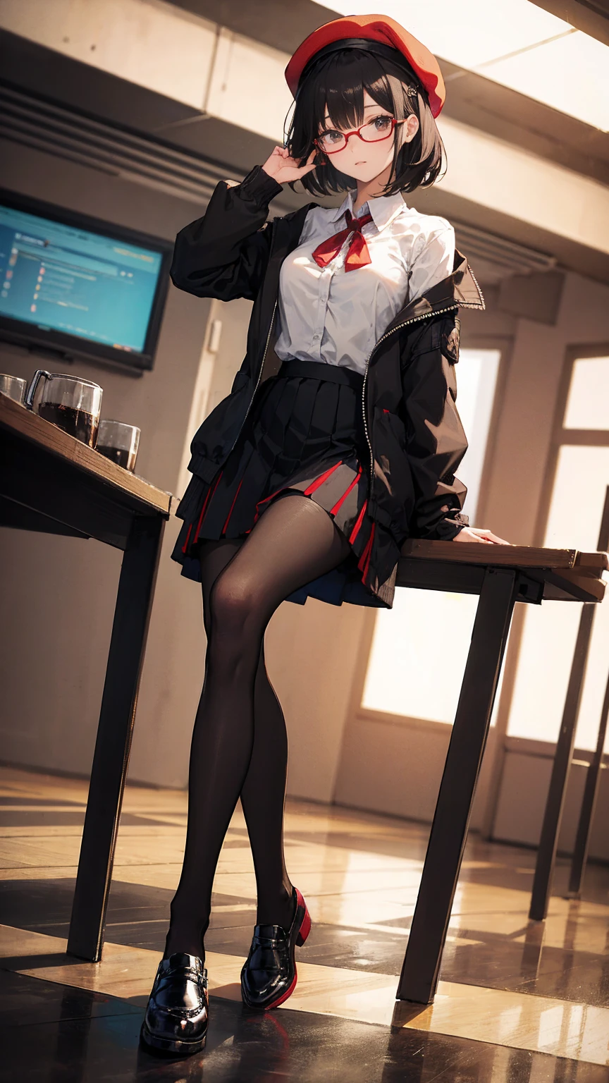 an anime girl with Glasses and a skirt sits on ground and poses, One girl, Alone, skirt, Have, shirt, white shirt, pantyhose, Red eyes, Glasses, Black Hair, shoes, red skirt, Check pattern skirt, beret, View your viewers, Open clothes, Check pattern, collared shirt, , Long sleeve, Mouth closed, Sitting, black pantyhose, indoor, bangs, short hair, Brown headdress, Black-rimmed glasses, Brown Jacket, Off the shoulder,Add XL