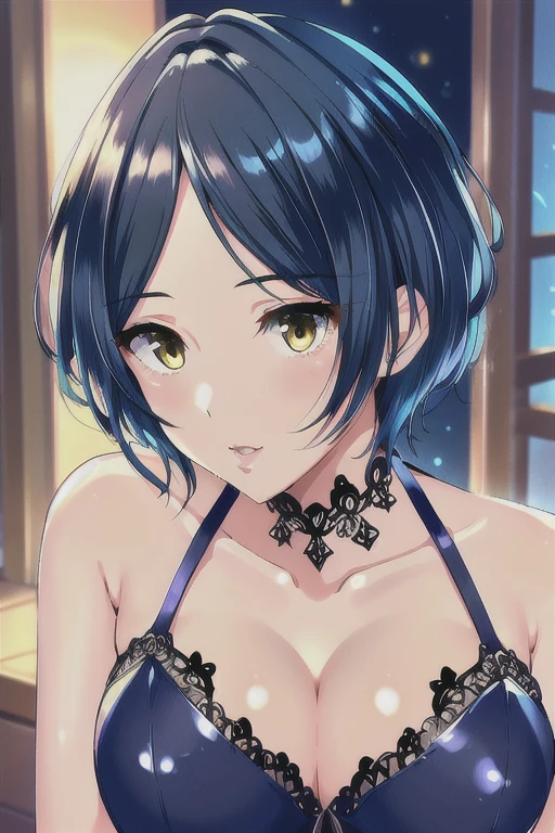 pretty girl, Super detailed 目, Super detailed, Highly detailed CG, masterpiece, Best Quality, Highly detailed CG, (Soft Shadows), (Very detailed and beautiful:1.8), One girl, short hair, Parted bangs, Yellow Eyes, Large Breasts, View your viewers,,(Thighs),Gymnasium at night,Moonlight,Shiny leotard,Thin leotard