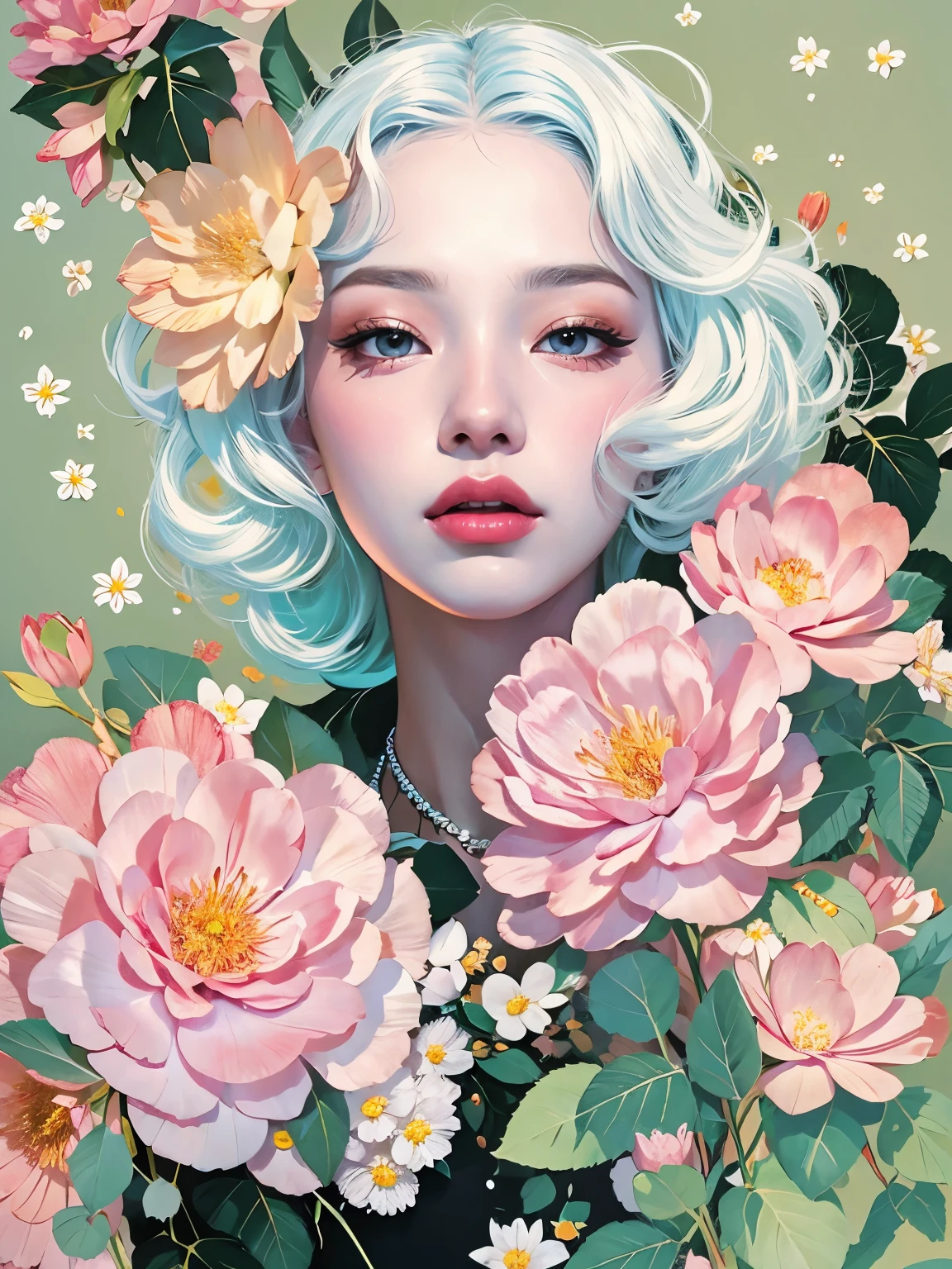 Chiaroscuro Technique for Elegant Illustrations , Retro and nostalgic ,There are silk-like flowers around the body, Painting, By Hannah Dell, author:Harumi Hironaka, extremely soft colors, Vibrant, pastel, Highly detailed, Digital Art, High contrast, dramatic, refined, tone, Golden Ratio