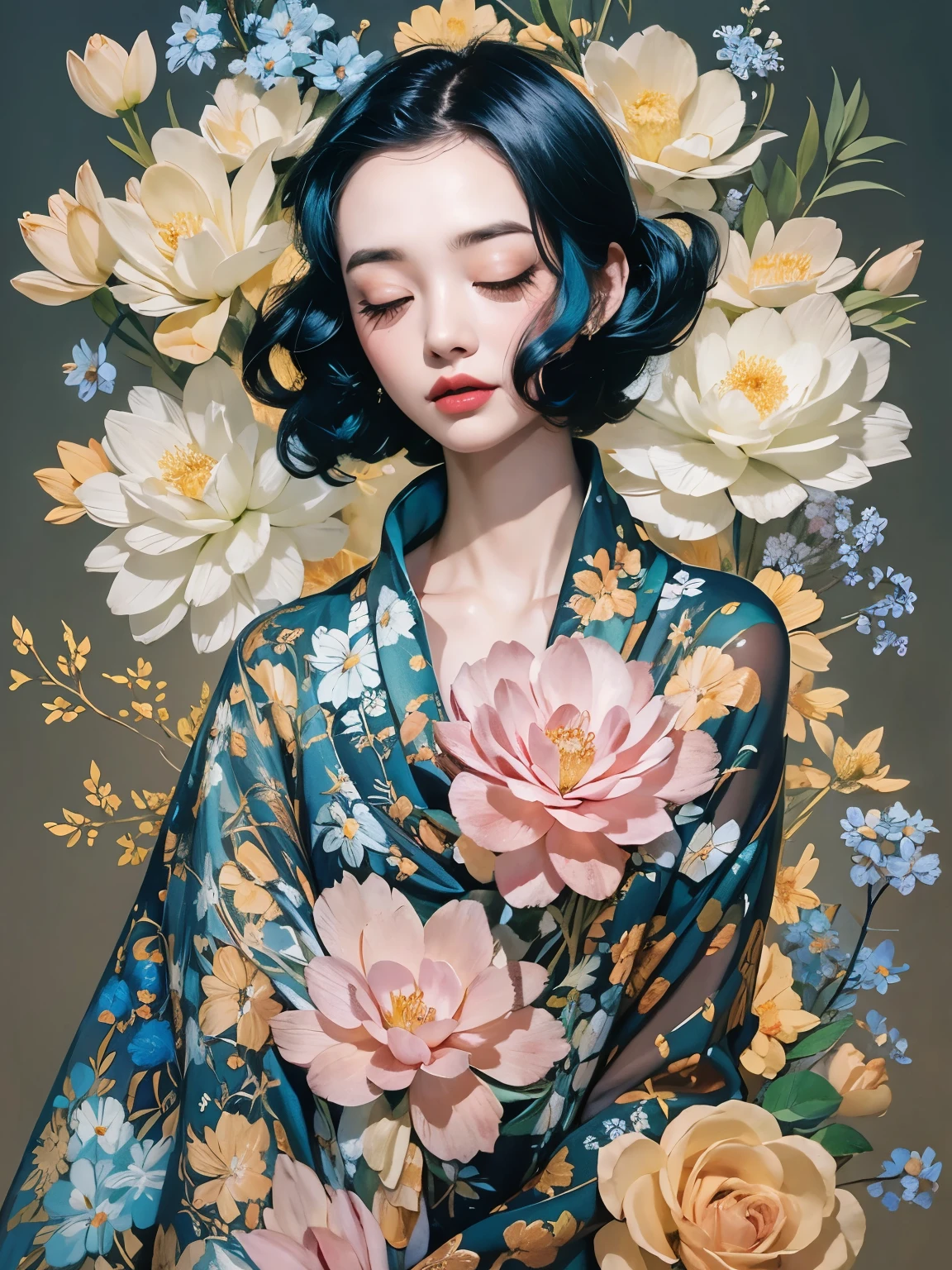 Chiaroscuro Technique for Elegant Illustrations , Retro and nostalgic ,There are silk-like flowers around the body, Painting, By Hannah Dell, author:Harumi Hironaka, extremely soft colors, Vibrant, pastel, Highly detailed, Digital Art, High contrast, dramatic, refined, tone, Golden Ratio