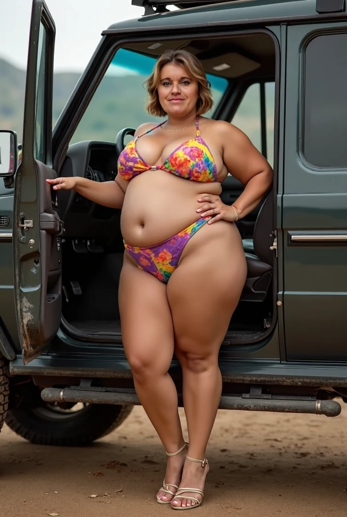 f5.6, (ultra-high definition, hyper-realistic, highly detailed, high quality), (extremely wide shot), (medium upper body shot), (shallow depth of field), (realistic and detailed photo of a beautiful blonde), (wearing a beautiful blue lingerie), (wide hips), (thick thighs), (more bra), (smiling), (red lips), (blonde hair), (bright eyes), (beautiful face, bright face, illuminated face), (natural skin, glowing skin, detailed skin, soft skin, skin vibrant, rosy skin, bright skin, oily skin), (detailed big cameltoe), (chubby body, sexy body), (Antique gasoline background of Route 66 in the United States during the 1960s. The scene should exude nostalgia and Americana, capturing every intricate detail of the station and its surroundings. Gasoline pumps were supposed to shine with polished metal surfaces and mechanical dials, accurately reflecting the design of the era. The station itself should feature worn signage, authentic period architecture and characteristic elements such as a small office attached to the station. Customers and attendants should be portrayed in authentic 1960s attire, engaged in various activities such as filling vehicles, washing windshields or enjoying drinks from nearby vending machines. The image should transport the viewer in time, immersing them in the iconic atmosphere of a bygone era along historic Route 66), yellow cars, asphalt, route 66 sign,