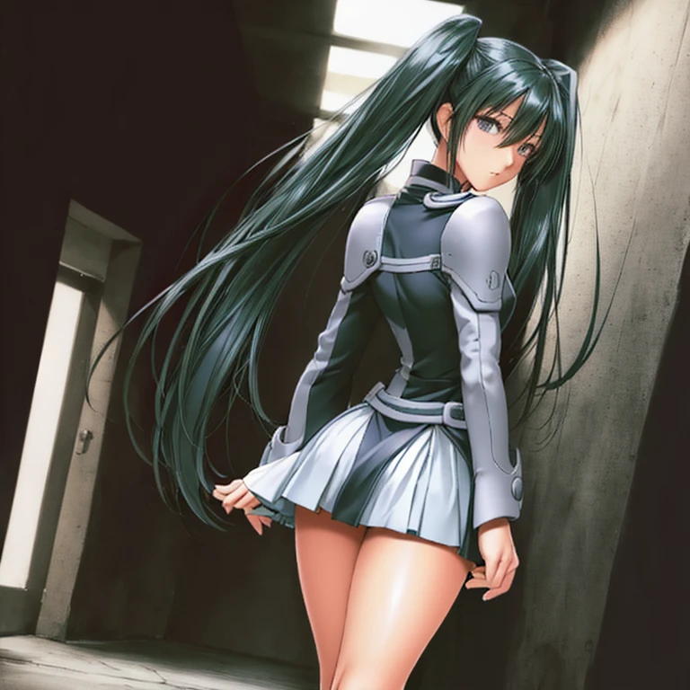 Lenalee, with her long, beautiful legs and shoulder-length twin tails and miniskirt uniform, is walking down a dimly lit hallway.。Angle from behind。High image quality。