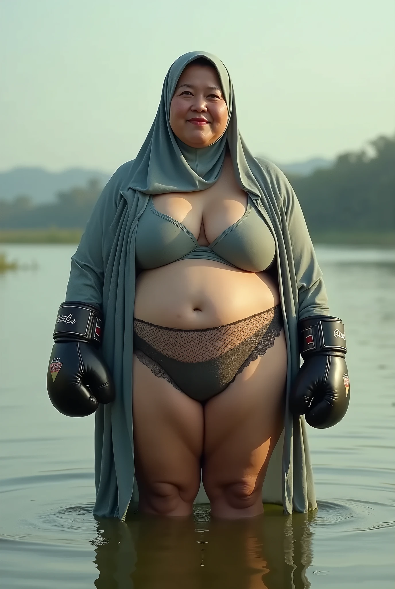 Indonesian army women, hijab, screaming, wearing army uniform, massive big boobs, collapsed on the mud, dirty body, pregnant, open legs , ((big stick thrust in her pussy)).
