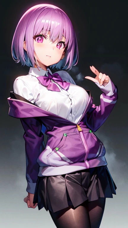 Akaneshinjou, Shinjo Akane, LIGHT PURPLE HAIR, (pink eyes:1.2), short hair,
to break black pantyhose, bow, collared shirt, hood, hooded jacket, jacket, open clothes, open jacket, open shirt, pantyhose, purple bow, purple jacket, , shirt, the sleeves cover the cuffs, unbuttoned shirt, white shirt,
to break indoors, city,
to break looking at viewer, to break (masterpiece:1.2), the highest quality, High resolution, 8k wallpaper unit, (figure:0.8), (detailed and beautiful eyes:1.6), highly detailed face, perfect lighting, very detailed CG, (perfect hands, perfect anatomy),