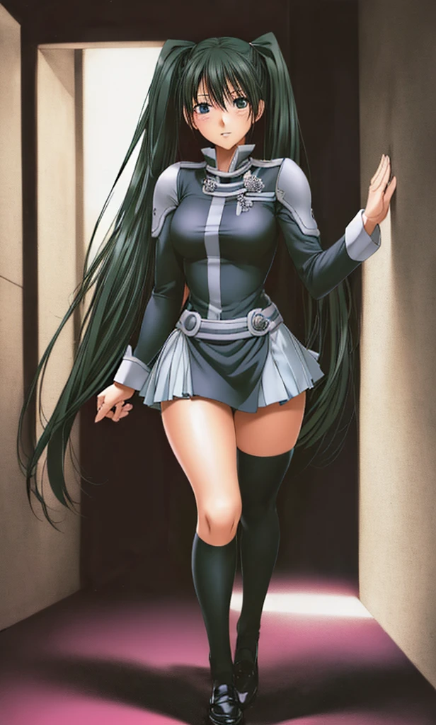 Lenalee, with her long, beautiful legs and shoulder-length twin tails and miniskirt uniform, is walking down a dimly lit hallway.。High image quality。