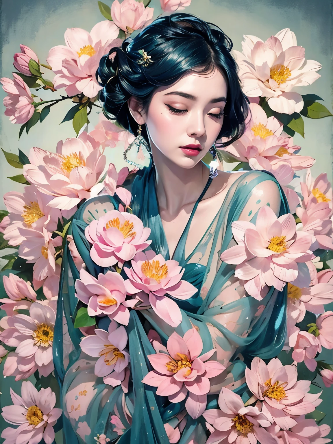 Chiaroscuro Technique for Elegant Illustrations , Retro and nostalgic ,There are silk-like flowers around the body, Painting, By Hannah Dell, author:Harumi Hironaka, extremely soft colors, Vibrant, pastel, Highly detailed, Digital Art, High contrast, dramatic, refined, tone, Golden Ratio