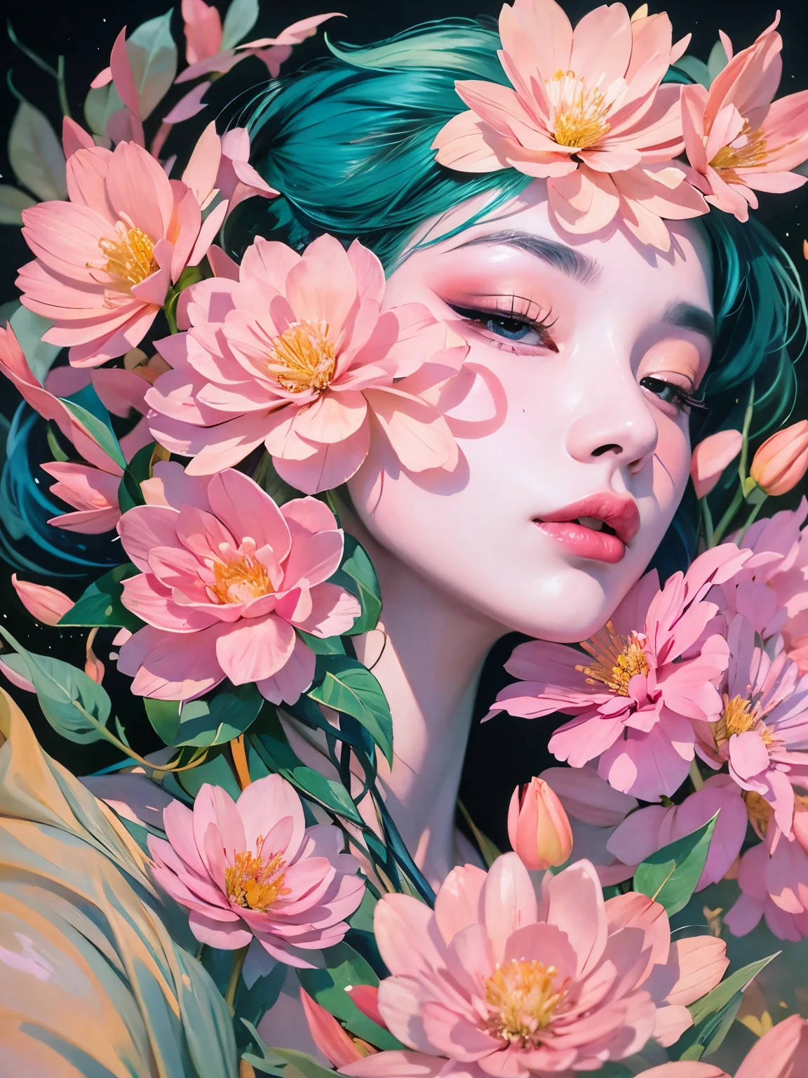 Chiaroscuro Technique for Elegant Illustrations , Retro and nostalgic ,There are silk-like flowers around the body, Painting, By Hannah Dell, author:Harumi Hironaka, extremely soft colors, Vibrant, pastel, Highly detailed, Digital Art, High contrast, dramatic, refined, tone, Golden Ratio
