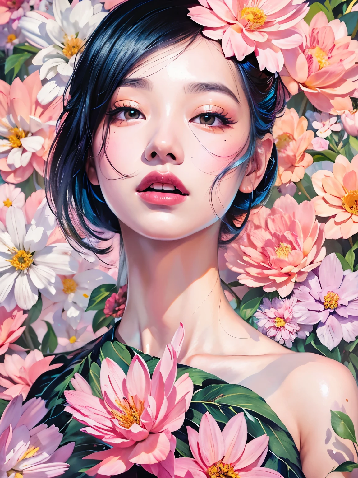 Chiaroscuro Technique for Elegant Illustrations , Retro and nostalgic ,There are silk-like flowers around the body, Painting, By Hannah Dell, author:Harumi Hironaka, extremely soft colors, Vibrant, pastel, Highly detailed, Digital Art, High contrast, dramatic, refined, tone, Golden Ratio