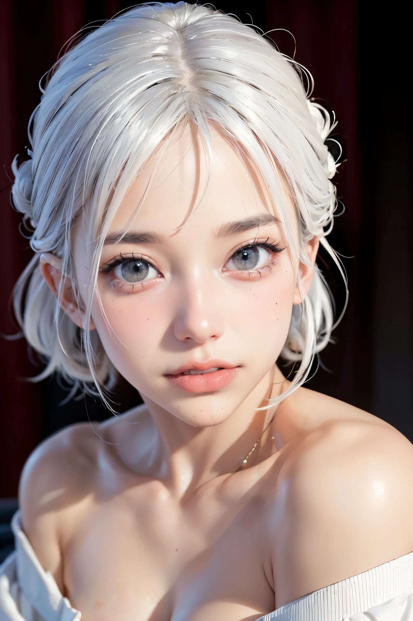 Best quality, masterpiece, ultra high res, (photorealistic: 1.4), raw photo, 1girl, off shoulder, cinematic lighting, kiss poses, heterochromia, white hair, white hair