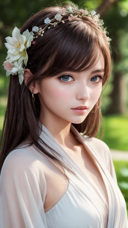 masterpiece, highest quality, １６K,enlightenment, Sax Blue, Green Earrings, green necklace, completely naked, 1 girl, cute, (dynamic lighting:1.2), cinematic lighting, delicate features, detailed eye, sharp pupils, realistic student, in the forest, Bokeh, sharp focus, (super detailed, bloom, shine:1.4), green eyes、brown hair、she is a tree fairy、forest background、in the forest、headband、naked、Braid、Long Straight、Now naked、green eyes、upper body close-up、completely naked、nipple、