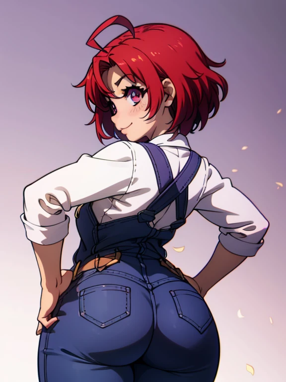 1girl, looking back, booty, blush, amazing, lovely girl, from behind, ((cow girl, ahoge, red hair, (purple eyes:1.1), short hair, curvy, overalls, white shirt)), best quality, great artwork, sensual image, bouncing ass, (white background, shy, smiling, simple background, clean:0.9), eyes detail,  solo, as original,  solo,
