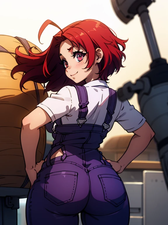 1girl, looking back, booty, blush, amazing, lovely girl, from behind, ((cow girl, ahoge, red hair, (purple eyes:1.1), short hair, curvy, overalls, white shirt)), best quality, great artwork, sensual image, bouncing ass, (white background, shy, smiling, simple background, clean:0.9), eyes detail,  solo, as original,  solo,
