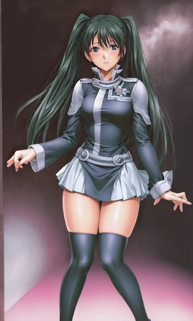 Lenalee, in a miniskirt uniform with shoulder-length twin tails and long, beautiful legs, wearing black knee-high socks, is standing with her legs spread to the side in the library.。High image quality。