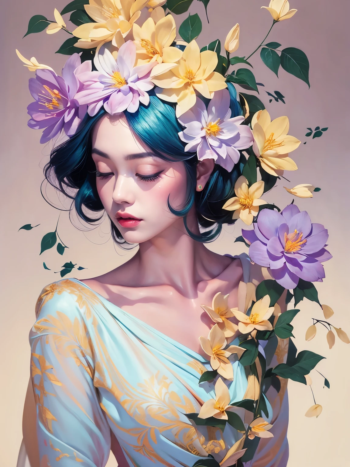 Chiaroscuro Technique for Elegant Illustrations , Retro and nostalgic ,There are silk-like flowers around the body, Painting, By Hannah Dell, author:Harumi Hironaka, extremely soft colors, Vibrant, pastel, Highly detailed, Digital Art, High contrast, dramatic, refined, tone, Golden Ratio