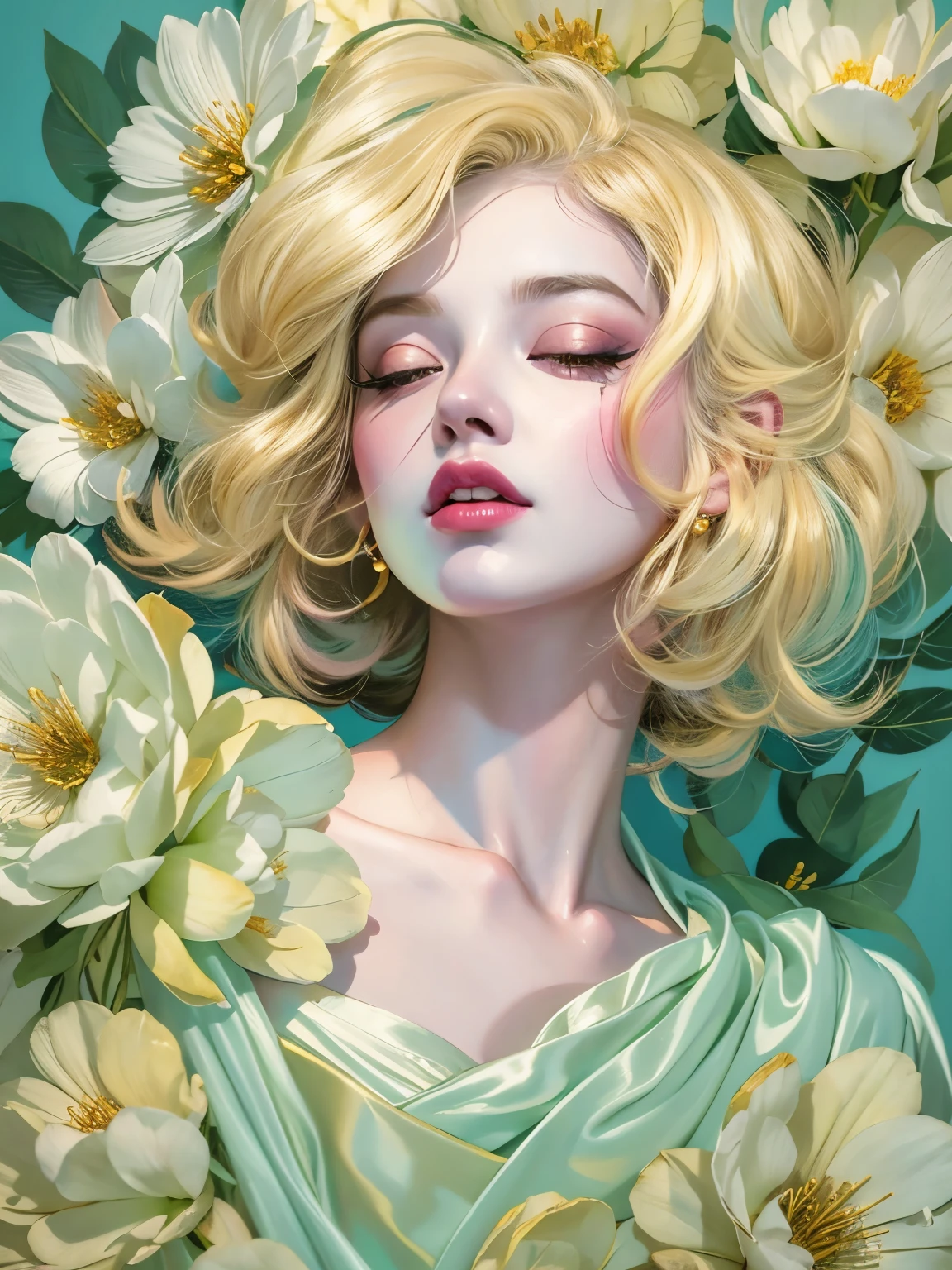 Chiaroscuro Technique for Elegant Illustrations , Retro and nostalgic ,There are silk-like flowers around the body, Painting, By Hannah Dell, author:Harumi Hironaka, extremely soft colors, Vibrant, pastel, Highly detailed, Digital Art, High contrast, dramatic, refined, tone, Golden Ratio