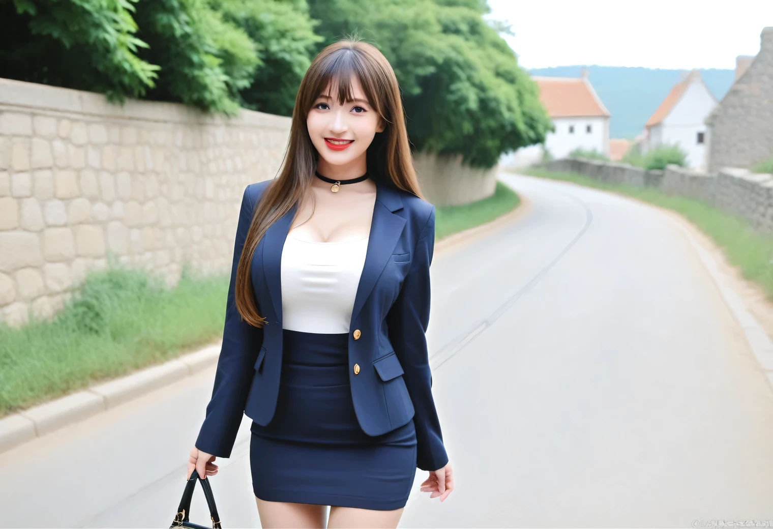 Score_8up, Score_9, A beautiful girl who is a relative, Submissive woman, Happy expression, ((White tight shirt、Navy Blue Blazer、mini skirt)), Orthodox clothing, Adorable, smile, Slim face, The body is slim,Straight Long Hair, Brown Hair, sexy, girl, Perfect hands,Black Choker、Blue contact lenses、bangs、Very thick and long eyelashes、((Big Breasts)), Big Breasts, Red lipstick, Anatomically correct, upright、Medieval European style street、A woman who came to see me off on the outskirts of town