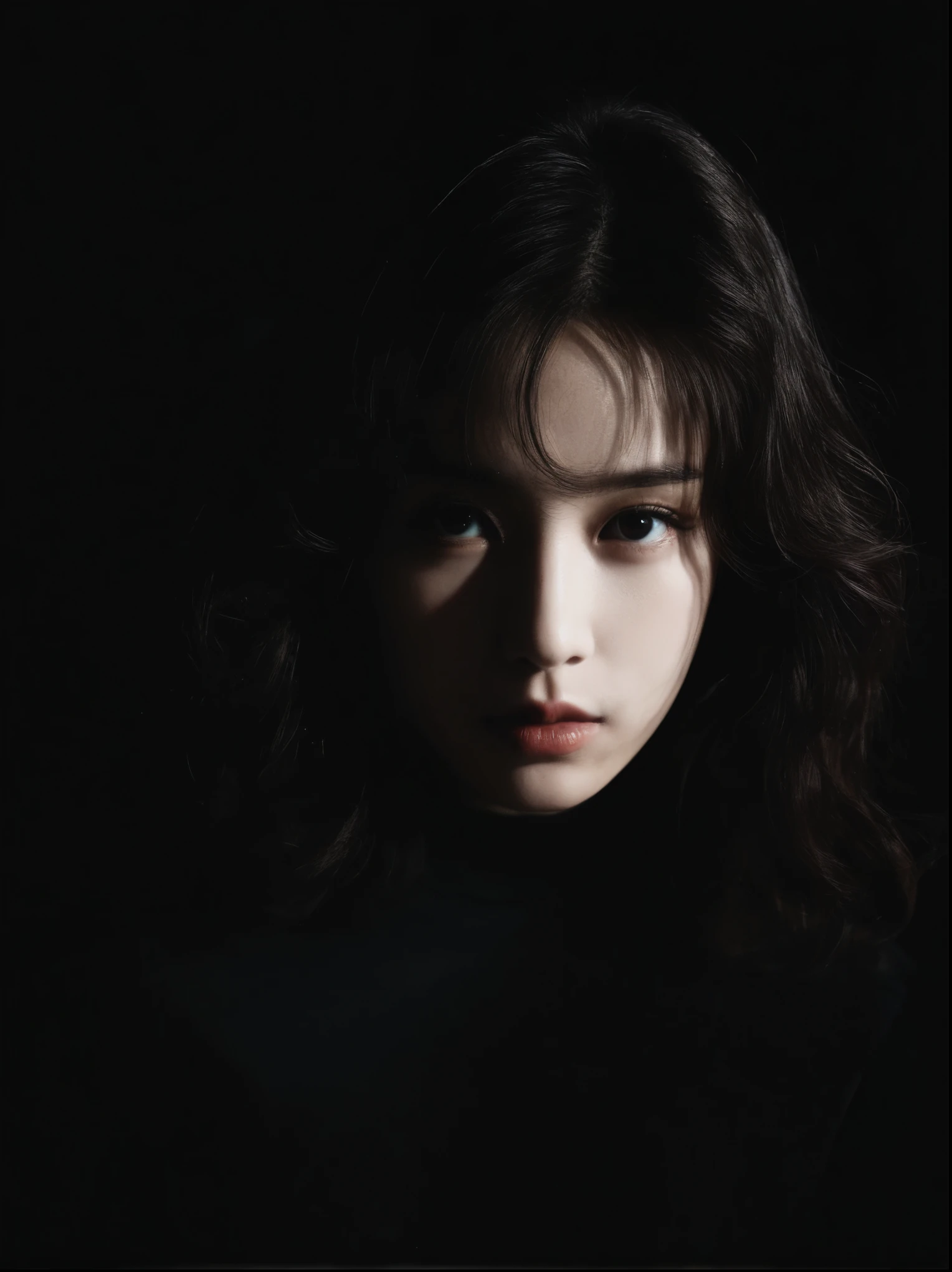1 Girl,curls,In the Dark,Deep Shadows,Partially illuminated by light