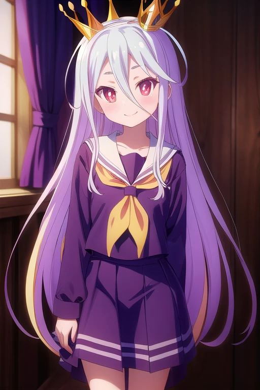 1girl, long hair, very long hair, hair between eyes, red eyes, bright pupils, multicolored eyes, multicolored hair, 
BREAK crown, shirt, long sleeves, school uniform, serafuku, sailor collar, neckerchief, white sailor collar, yellow neckerchief,
BREAK standing,
BREAK smile,
BREAK looking at viewer,
BREAK indoor,
BREAK (illustration:1),
BREAK (masterpiece, best quality, ultra detailed, professional quality:1.3), HD, rich contrast,