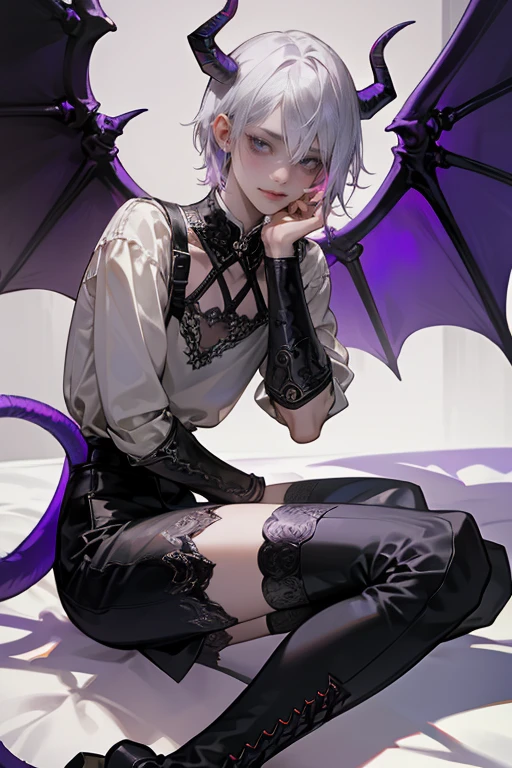 1boy,perfect male body, red purple eyes, (Evil smile), dynamicpose, masutepiece, High quality, Best Quality, ultra-detailliert, incubus, Short sliver hair, pink eyes, pale skin, Tongue sticking out, Heart-shaped eyes, Heart-shaped pupil, black boots, (piercingishnet stockings, gothic print), Boy in Gothic costume, black leather garter belt, (Multiple leather straps, Multiple iron chains mounted on a ring), Shorts, ((Devil Wings, Tail and horns)), Highly detailed fine art, (finely detailed beautiful eyes and detailed face), delicate portrayal of facial features, Detailed Metal Jewelry, dramatic compositions, Cinematic lighting, Ray tracing, dramatic shadows