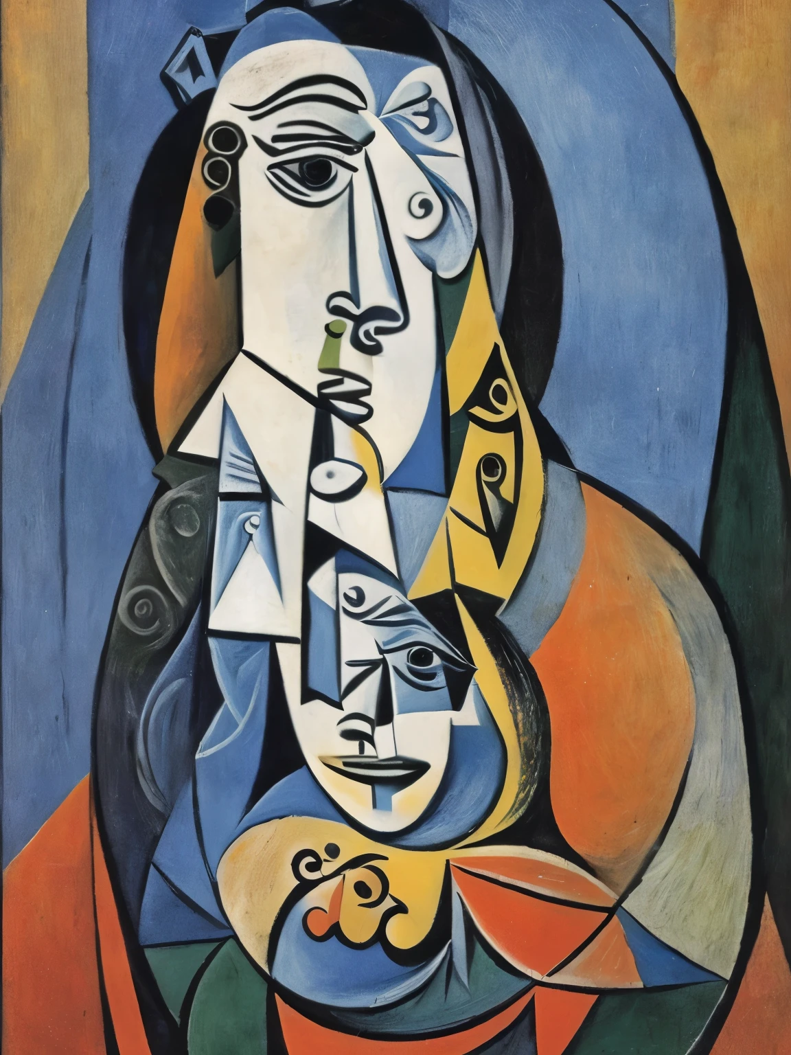 Woman portrait,  picasso style, expresionism, muted colors, artistic composition, blue, beige, brown, gray green, 