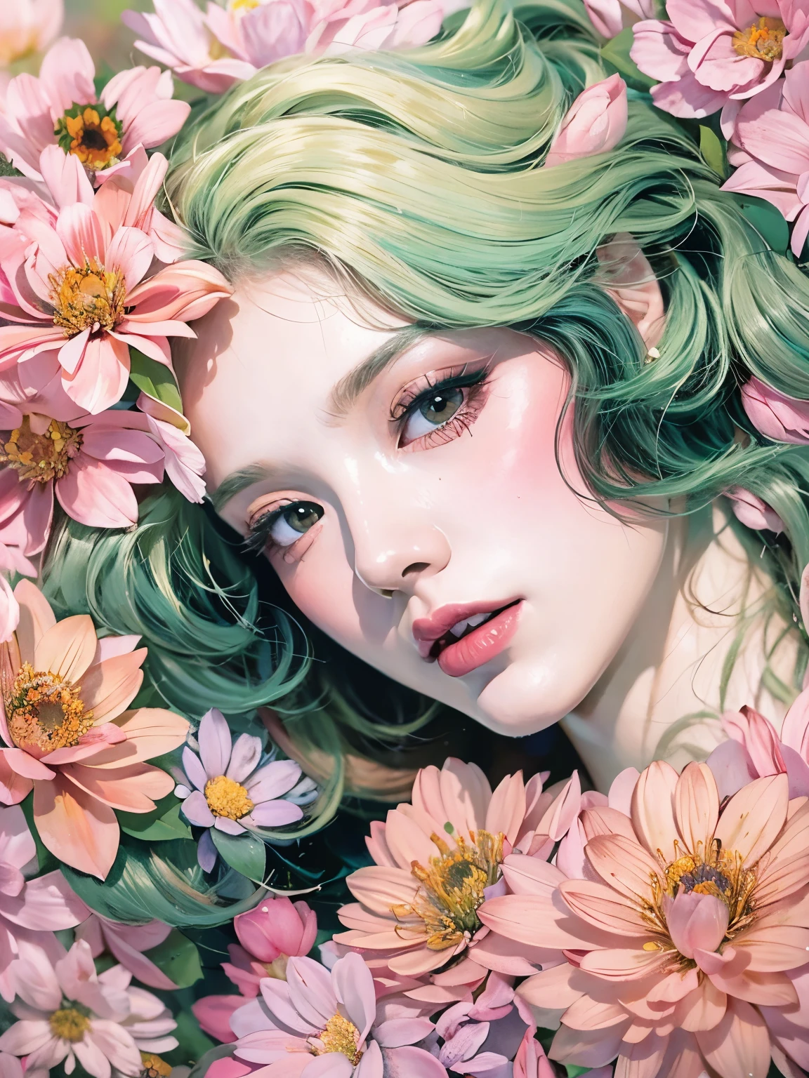 Chiaroscuro Technique for Elegant Illustrations , Retro and nostalgic ,There are silk-like flowers around the body, Painting, By Hannah Dell, author:Harumi Hironaka, extremely soft colors, Vibrant, pastel, Highly detailed, Digital Art, High contrast, dramatic, refined, tone, Golden Ratio