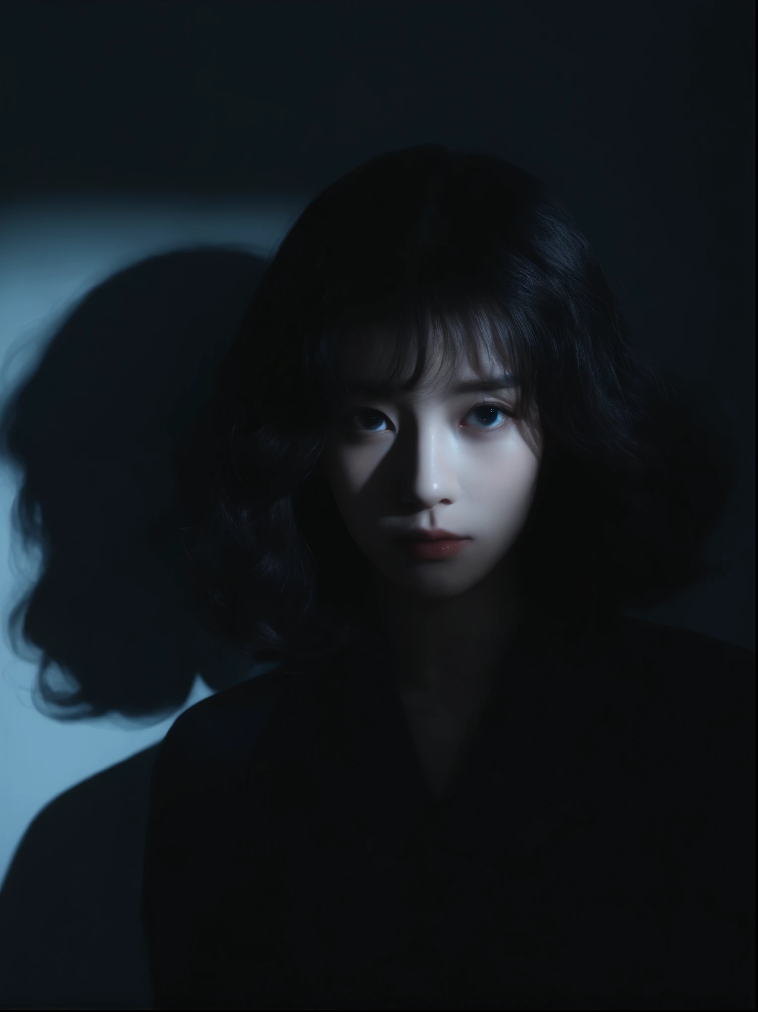 1 Girl,curls,In the Dark,Deep Shadows，Partially illuminated by light