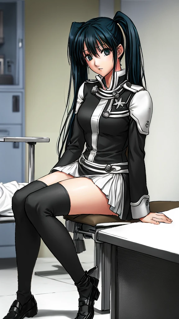 Lenalee, wearing a miniskirt uniform with shoulder-length twin tails and long, beautiful legs and black knee-high socks, is sitting in a chair in the medical room.。High image quality。