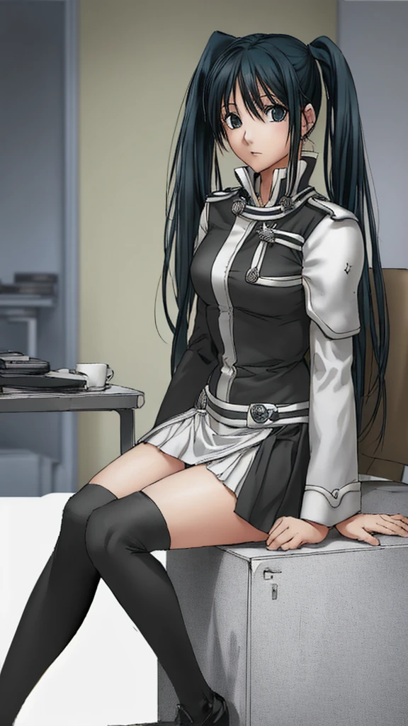 Lenalee, wearing a miniskirt uniform with shoulder-length twin tails and long, beautiful legs and black knee-high socks, is sitting in a chair in the medical room.。High image quality。