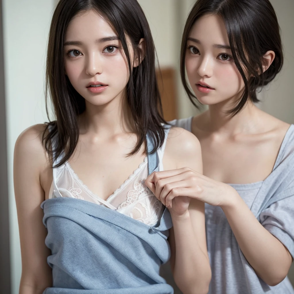 Two girls standing in front of a school classroom,White lace dress,White panties、bangs,Scary short hair with low pigtails,from before,Front light,((15-year-old girl、thin、delicate、Sexy collarbones and flat chest、Very small breasts))、My whole body was soaked、Clothes are wet and、Chest shows through