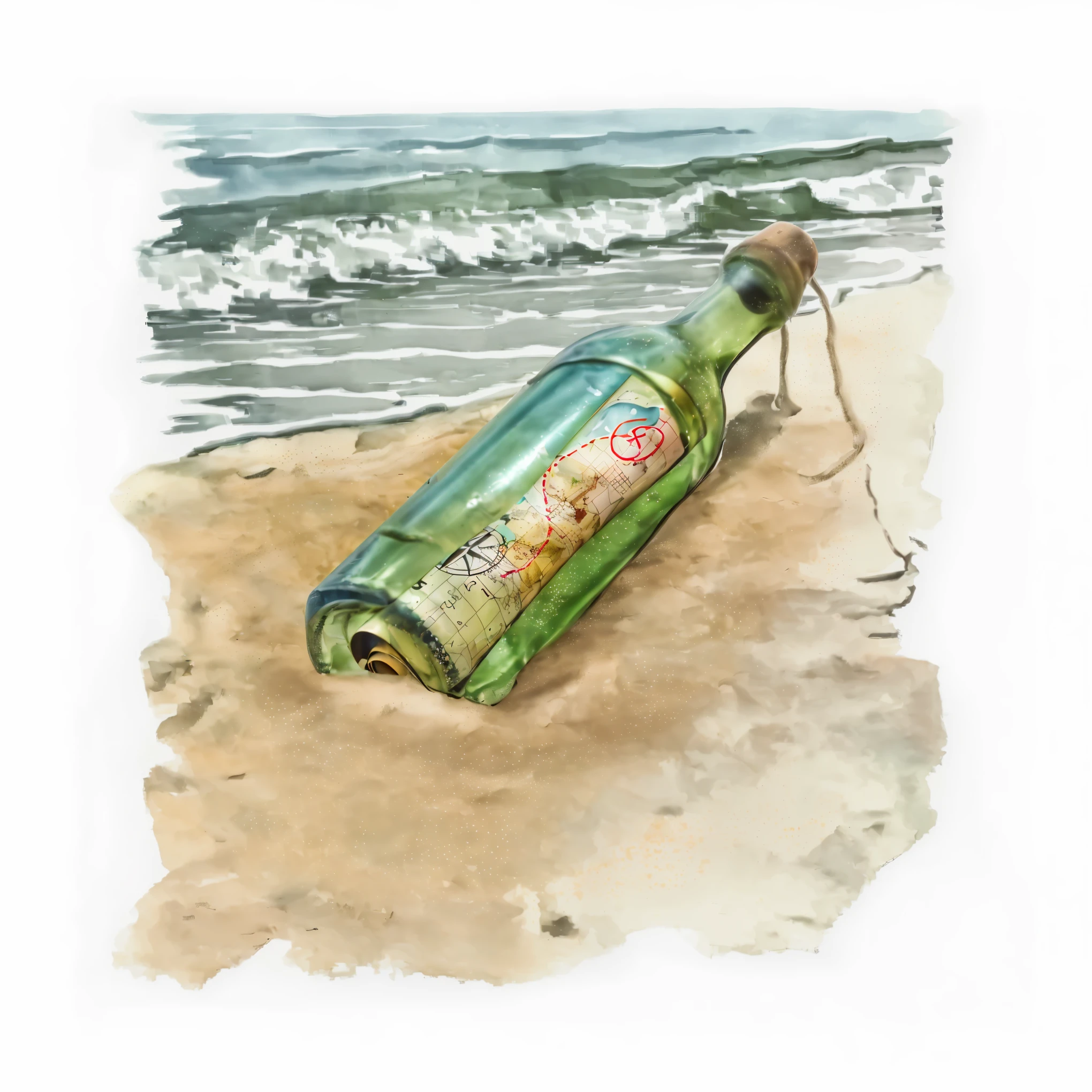 A watercolor illustration depicts a green glass bottle with a cork stopper partially buried in light beige sand near the edge of a tranquil beach. The bottle is tilted diagonally from left to right, its neck pointing towards the top right corner of the image. Inside the bottle, there's a rolled-up map featuring landmasses in various colors such as yellow, brown, blue, and green, with a black compass rose at the bottom displaying cardinal directions 'N', 'E', 'S', and 'W'. A red dotted path connects to a marked star symbol in the upper right section of the map, suggesting a journey or destination. The map also includes grid lines and text markings. Natural light reflects softly off the bottle, casting subtle shadows that emphasize its shape against the sandy background. The midground consists of smooth, slightly textured sand with small pebbles scattered around, creating a natural texture. In the background, gentle waves approach the shore, forming white foam and bubbles as they break, creating a dynamic yet serene atmosphere. The ocean is rendered with soft blues and greens, transitioning to darker shades in deeper areas, with varying shades of green, gray, and white representing the sea and foamy waves. The sky above is painted in muted shades of blue and gray, suggesting overcast weather or early morning/late afternoon light. The overall color palette includes forest green, sky blue, sandy beige, ocean blue, and white, contributing to a calm and adventurous mood. The watercolor technique provides a soft and dreamy quality to the scene, emphasizing the tranquil beach setting while maintaining a balanced composition that captures the essence of a coastal landscape.
