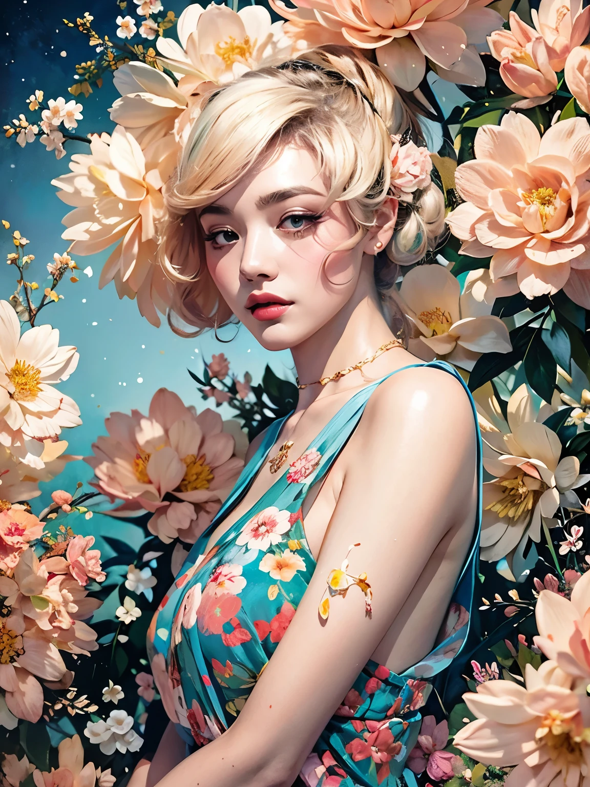 Chiaroscuro Technique for Elegant Illustrations , Retro and nostalgic ,There are silk-like flowers around the body, Painting, By Hannah Dell, author:Harumi Hironaka, extremely soft colors, Vibrant, pastel, Highly detailed, Digital Art, High contrast, dramatic, refined, tone, Golden Ratio