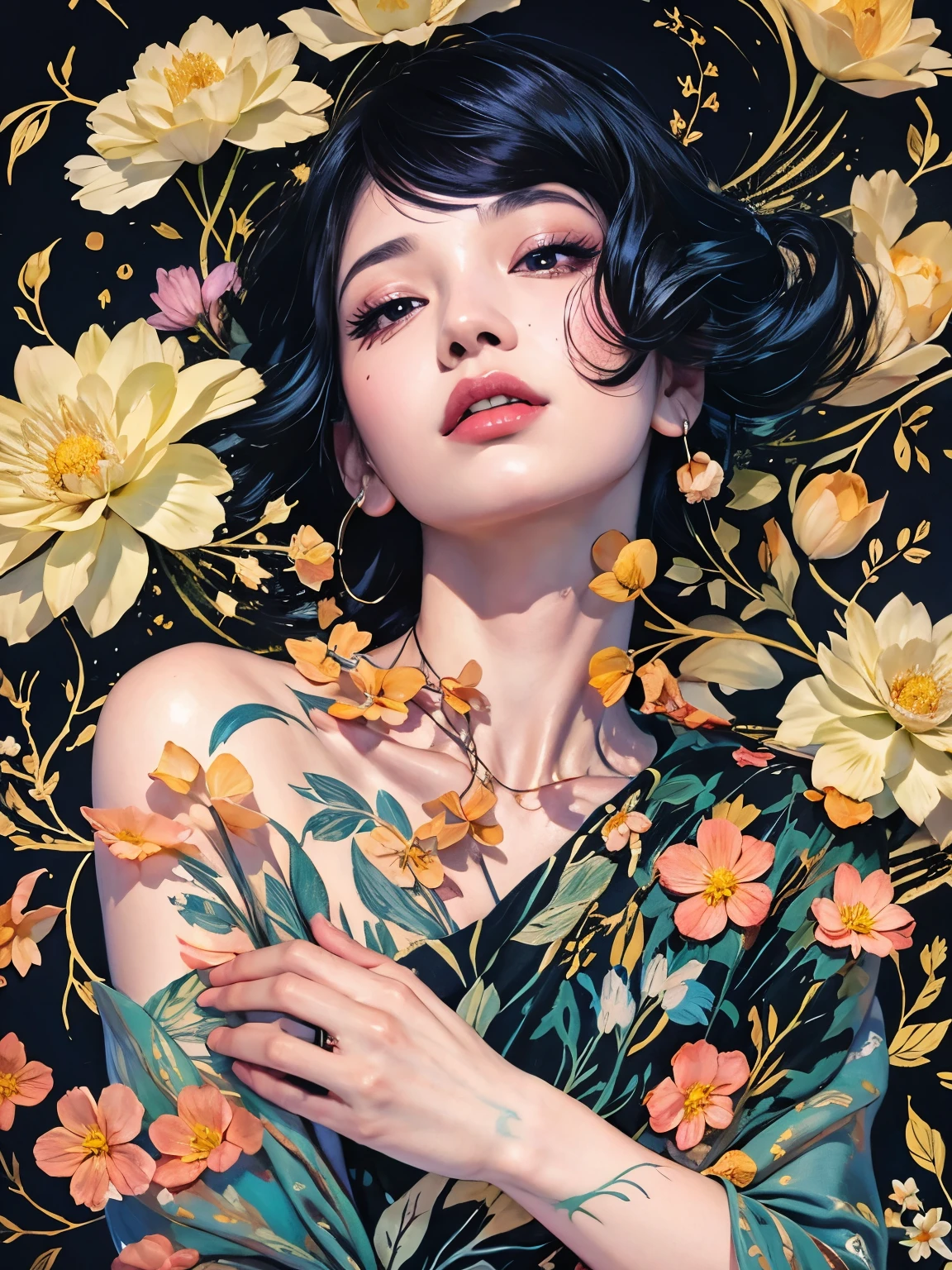 Chiaroscuro Technique for Elegant Illustrations , Retro and nostalgic ,There are silk-like flowers around the body, Painting, By Hannah Dell, author:Harumi Hironaka, extremely soft colors, Vibrant, pastel, Highly detailed, Digital Art, High contrast, dramatic, refined, tone, Golden Ratio