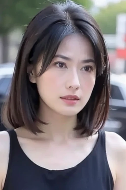 Frontal photo of delicate face and fair skin，Standing on the street wearing a black dress