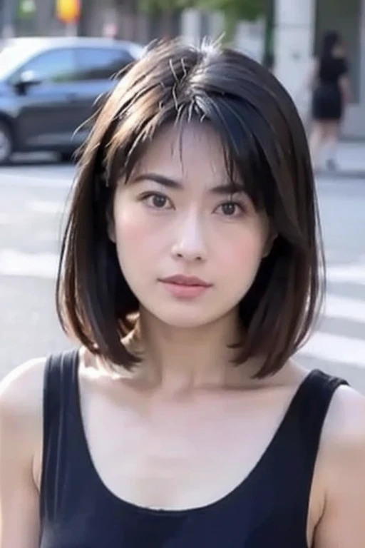 Frontal photo of delicate face and fair skin，Standing on the street wearing a black dress