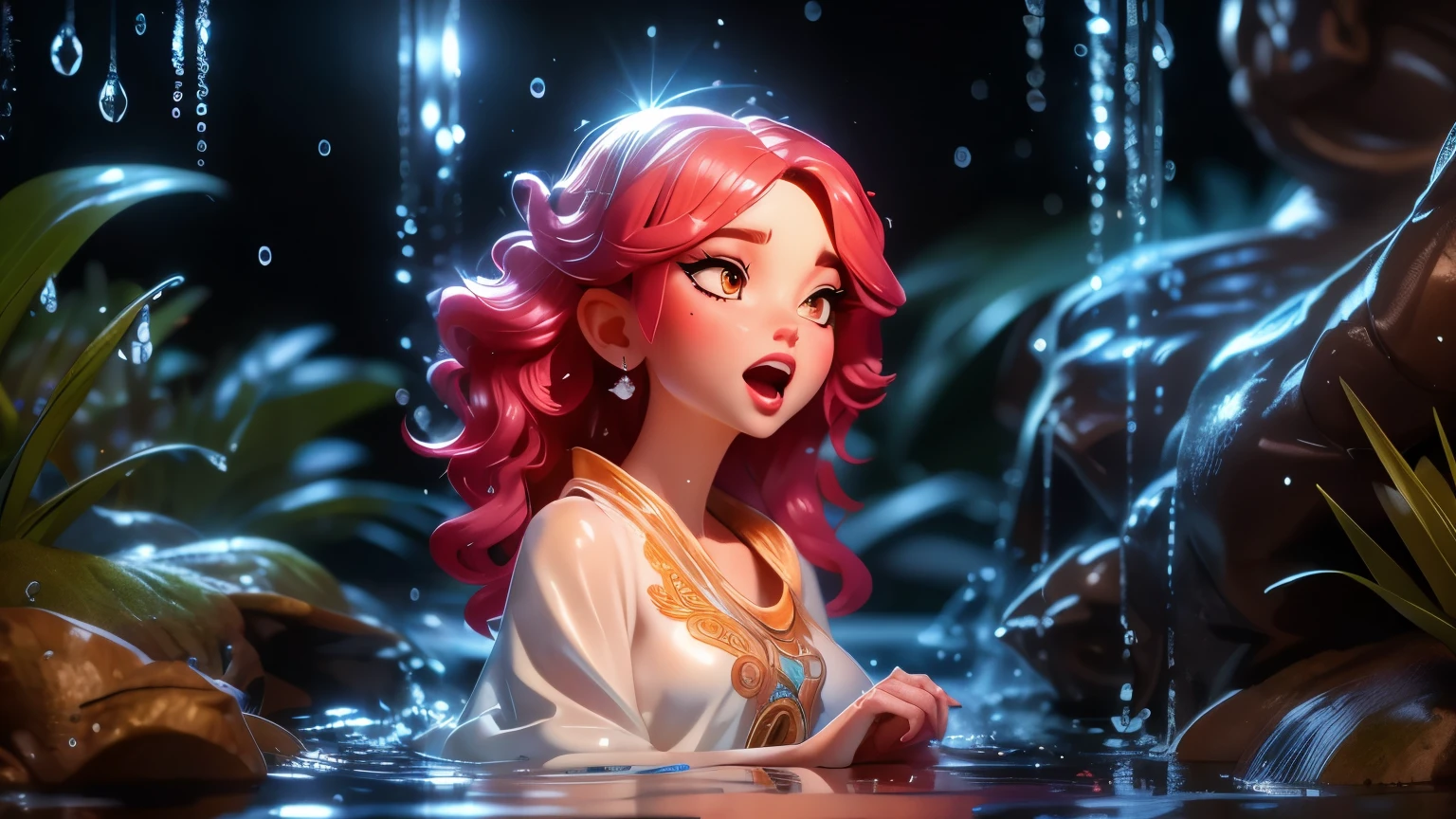 a girl drinking water from a stream, dripping water in her open mouth, wet hair, detailed face, photorealistic, dramatic lighting, fantasy, magical, intricate details, ethereal, glowing skin, vibrant colors