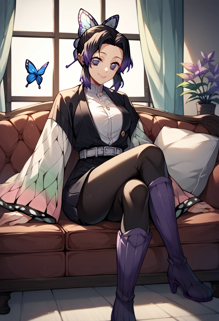 score_9, score_8_up, score_7_up, score_6_up, score_5_up, score_4_up, source_anime, 1girl, smile, shinobukochou, shinobu kochou, animal print, black hair, butterfly, butterfly hair ornament, butterfly print, forehead, gradient hair, hair ornament, multicolored hair, parted bangs, purple hair, short hair, two-tone hair,
belt, black short, crossed legs, black thigh high boots, white eyes, clean hair, black kimono, white shirt, sofa, sit, rooms, best quality, best res, 4K UHD,
 