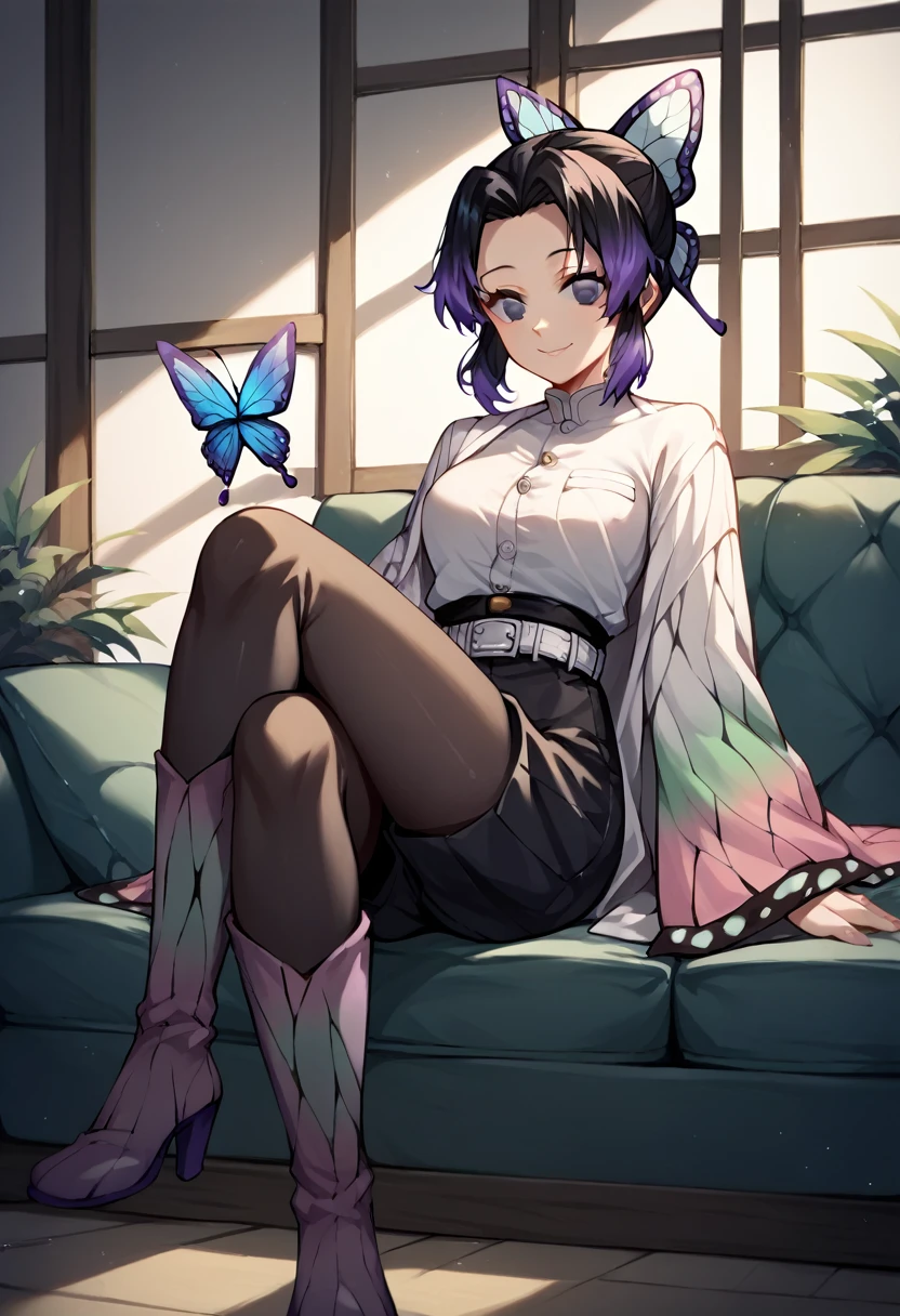 score_9, score_8_up, score_7_up, score_6_up, score_5_up, score_4_up, source_anime, 1girl, smile, shinobukochou, shinobu kochou, animal print, black hair, butterfly, butterfly hair ornament, butterfly print, forehead, gradient hair, hair ornament, multicolored hair, parted bangs, purple hair, short hair, two-tone hair,
belt, black short, crossed legs, black thigh high boots, white eyes, clean hair, black kimono, white shirt, sofa, sit, rooms, best quality, best res, 4K UHD,
 