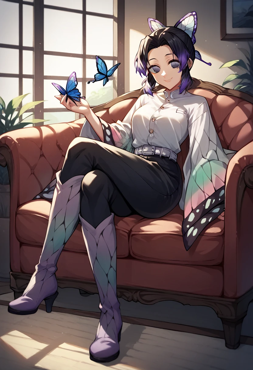 score_9, score_8_up, score_7_up, score_6_up, score_5_up, score_4_up, source_anime, 1girl, smile, shinobukochou, shinobu kochou, animal print, black hair, butterfly, butterfly hair ornament, butterfly print, forehead, gradient hair, hair ornament, multicolored hair, parted bangs, purple hair, short hair, two-tone hair,
belt, black short, crossed legs, black thigh high boots, white eyes, clean hair, black kimono, white shirt, sofa, sit, rooms, best quality, best res, 4K UHD,
 