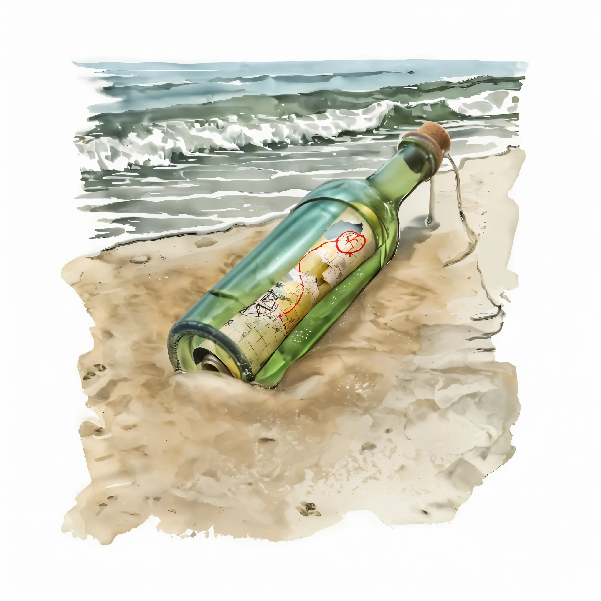 A watercolor illustration depicts a green glass bottle with a cork stopper partially buried in light beige sand near the edge of a tranquil beach. The bottle is tilted diagonally from left to right, its neck pointing towards the top right corner of the image. Inside the bottle, there's a rolled-up map featuring landmasses in various colors such as yellow, brown, blue, and green, with a black compass rose at the bottom displaying cardinal directions 'N', 'E', 'S', and 'W'. A red dotted path connects to a marked star symbol in the upper right section of the map, suggesting a journey or destination. The map also includes grid lines and text markings. Natural light reflects softly off the bottle, casting subtle shadows that emphasize its shape against the sandy background. The midground consists of smooth, slightly textured sand with small pebbles scattered around, creating a natural texture. In the background, gentle waves approach the shore, forming white foam and bubbles as they break, creating a dynamic yet serene atmosphere. The ocean is rendered with soft blues and greens, transitioning to darker shades in deeper areas, with varying shades of green, gray, and white representing the sea and foamy waves. The sky above is painted in muted shades of blue and gray, suggesting overcast weather or early morning/late afternoon light. The overall color palette includes forest green, sky blue, sandy beige, ocean blue, and white, contributing to a calm and adventurous mood. The watercolor technique provides a soft and dreamy quality to the scene, emphasizing the tranquil beach setting while maintaining a balanced composition that captures the essence of a coastal landscape.
