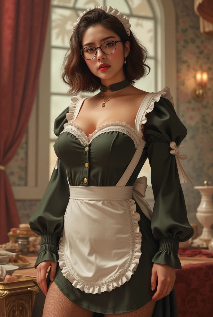 (Ultra Realistic),(Best Quality, Masterpiece:1.2),Solo, Photorealistic,,(detailed hazel eyes, short hair, wearing glasses,large breasts), (maid outfit), Stocking,crushed velvet, skirt, bow, ribbon, jewel, long sleeves,Frills,lace,Thigh high,detalied_background, fantasy art, kingdom