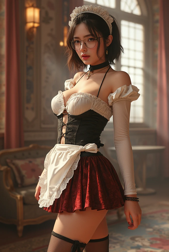 (Ultra Realistic),(Best Quality, Masterpiece:1.2),Solo, Photorealistic,,(detailed hazel eyes, short hair, wearing glasses,large breasts), (maid outfit), Stocking,crushed velvet, skirt, bow, ribbon, jewel, long sleeves,Frills,lace,Thigh high,detalied_background, fantasy art, kingdom