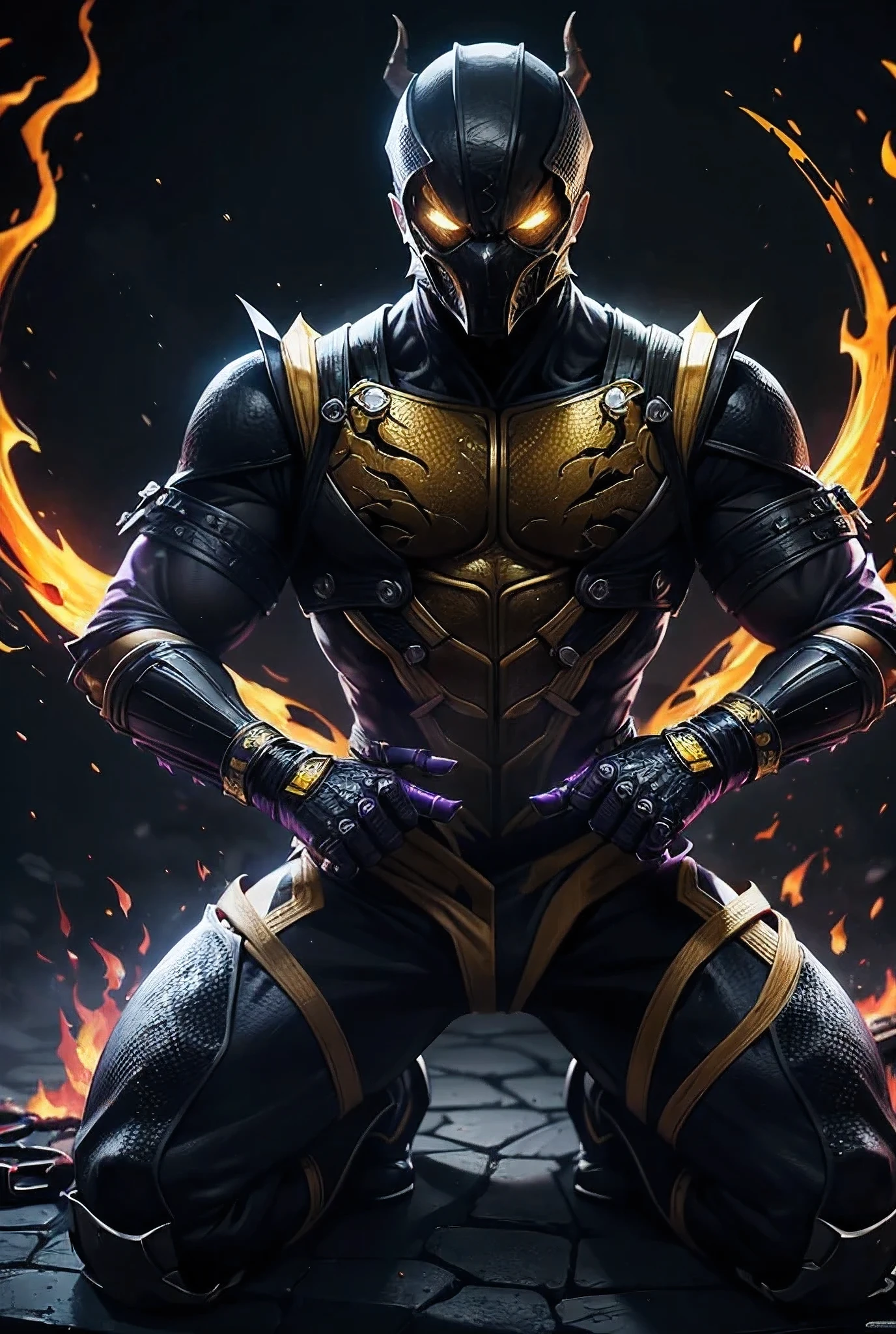 game character Scorpion in a black and yellow ninja suit (mortal kombat) covered in fire releases chains from his hands, high quality, high resolution, high detail, purple fog develops around him